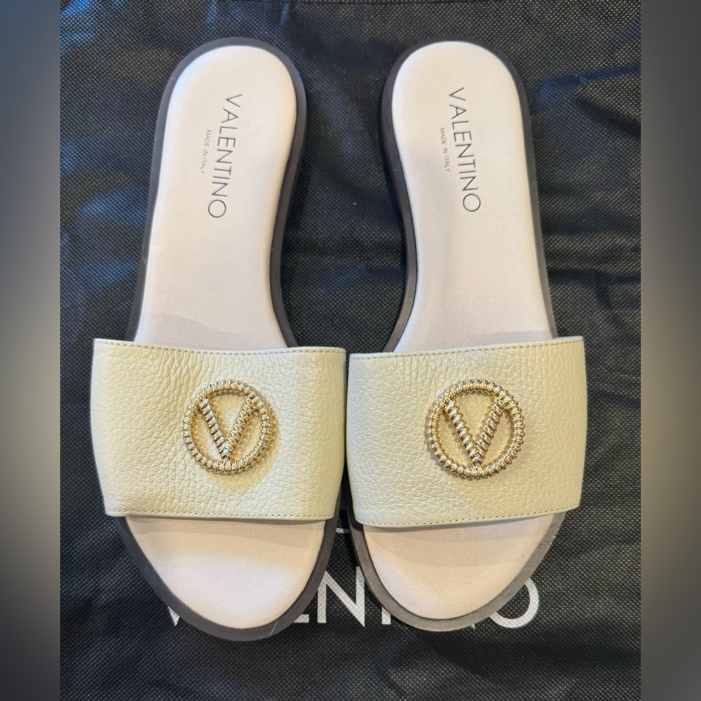 Valentino By Mario Valentino Cream Slide Sandals with Logo